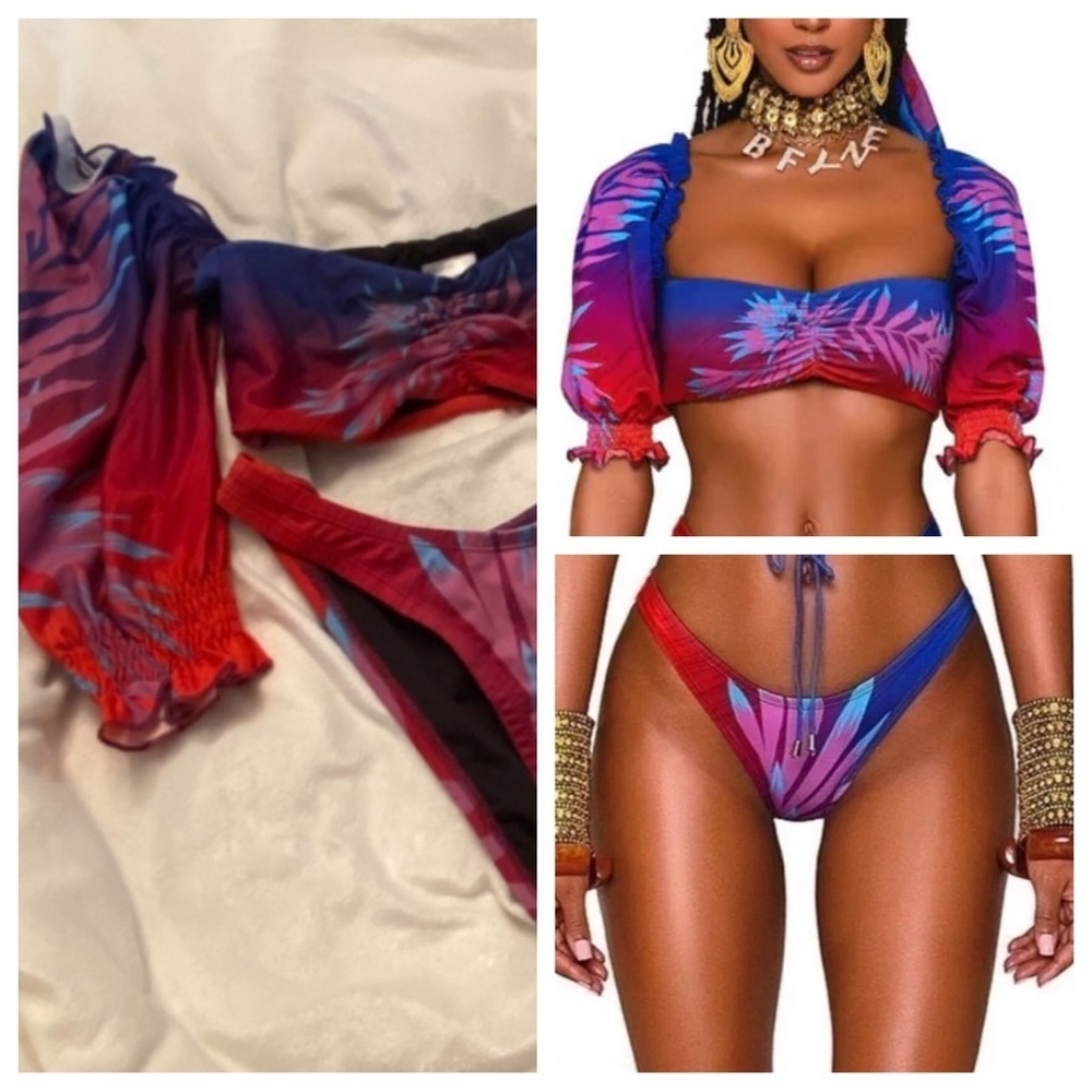 New! BFyne Tropical floral Print Bikini Set blue red 3471